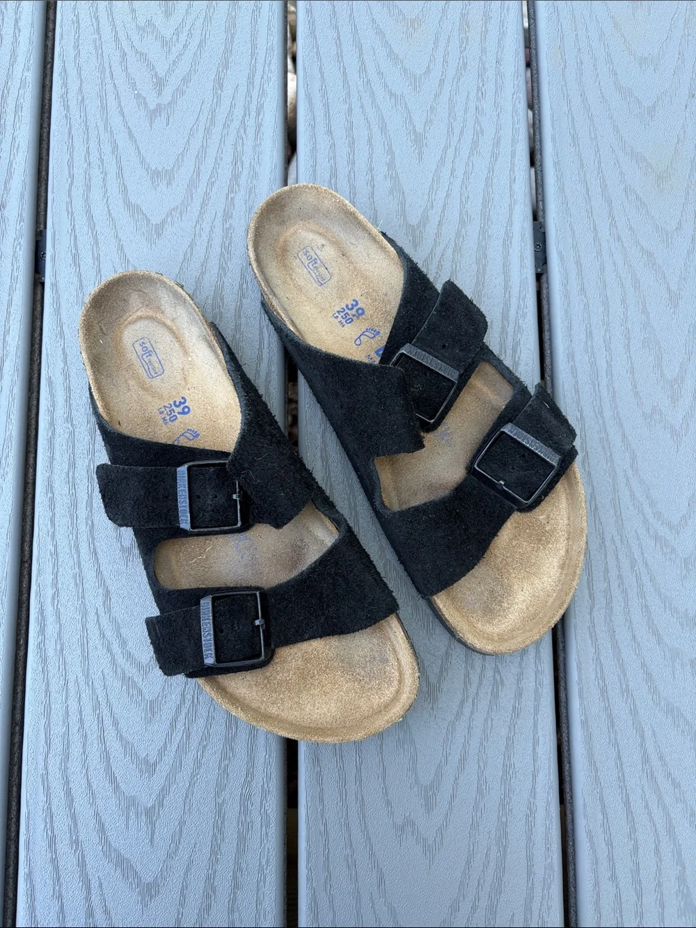 Birkenstock Black Suede Two-Strap Slides with Neutral Footbed